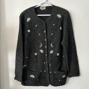 GRAFFITI Gray flower Embellished Women's 100% wool cardigan vintage